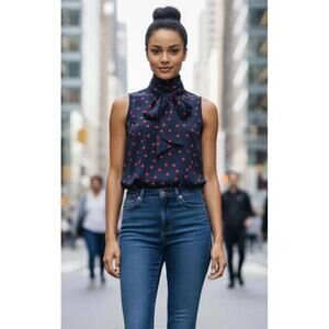 TOMMY HILFIGER NWT Women’s Sleeveless Polka Dot Tie Neck Top in Navy-Size Small